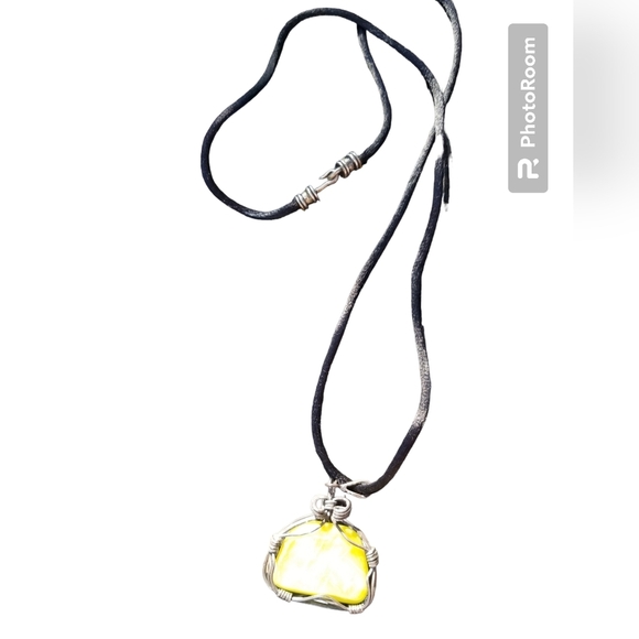 STERLING SILVER WIRE WRAPPED FAUX OPAL PENDANT CORD NECKLACE - Picture 6 of 6